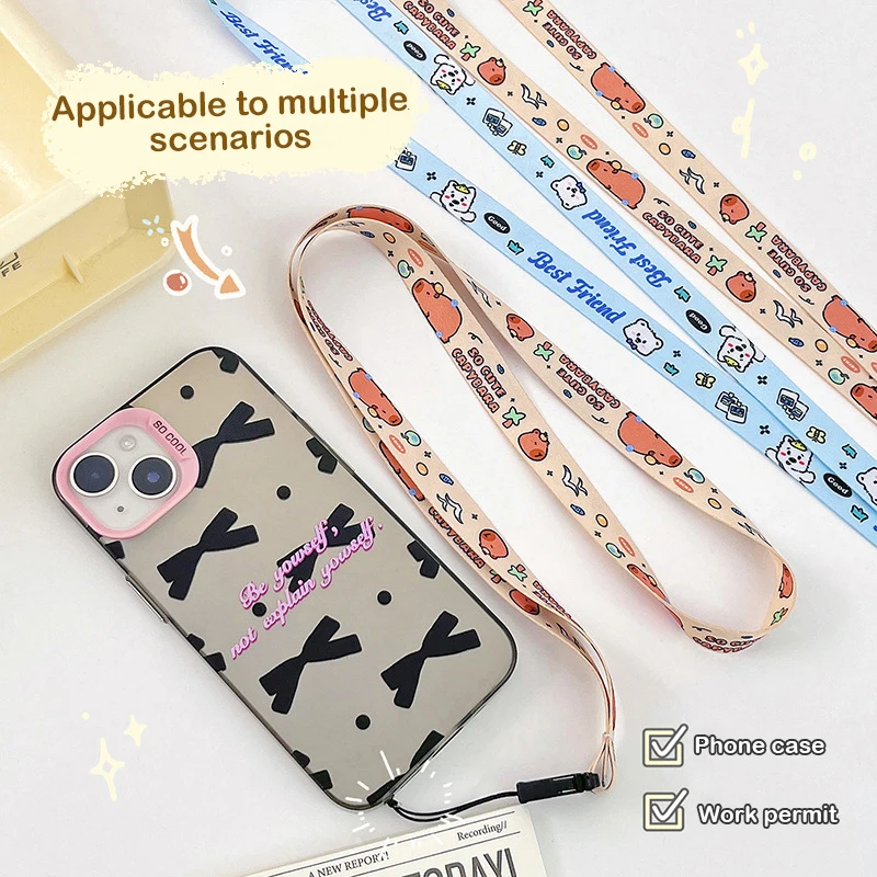 Cute Cartoon Multi-function Little Bear Capibala Widened Anti-lost Mobile Phone Hanging Rope Phone Case Hanging Neck Long Rope