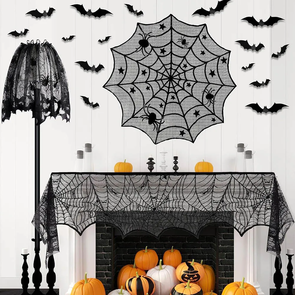 Obrázek 3: Halové halloween dekorace černá krajka stůl runner krb mantel šála kolo ubrus cobweb stínidlo s 3D letouni zeď nálepka