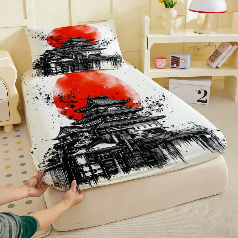 1pc Japanese Ink Wash Castle Print Fitted Sheet Deep Pocket Elastic Mattress Cover Single Double Queen King Bedroom Decor