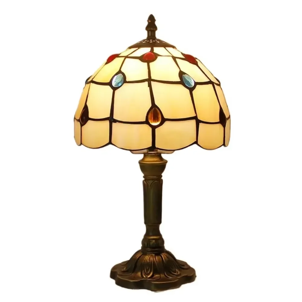 8inch Tiffany Style Beige Beads Vintage Bedside Table Light Desk Lamps Accent Small Lamp Reading Lamp with Color