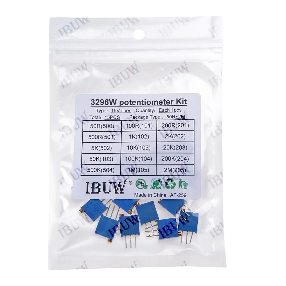 

Набор из 15 потенциометров 3296W (15 значений, 50R-2MΩ) для калибровки электронных устройств и высокоточной отладки схем 50R 2MΩ