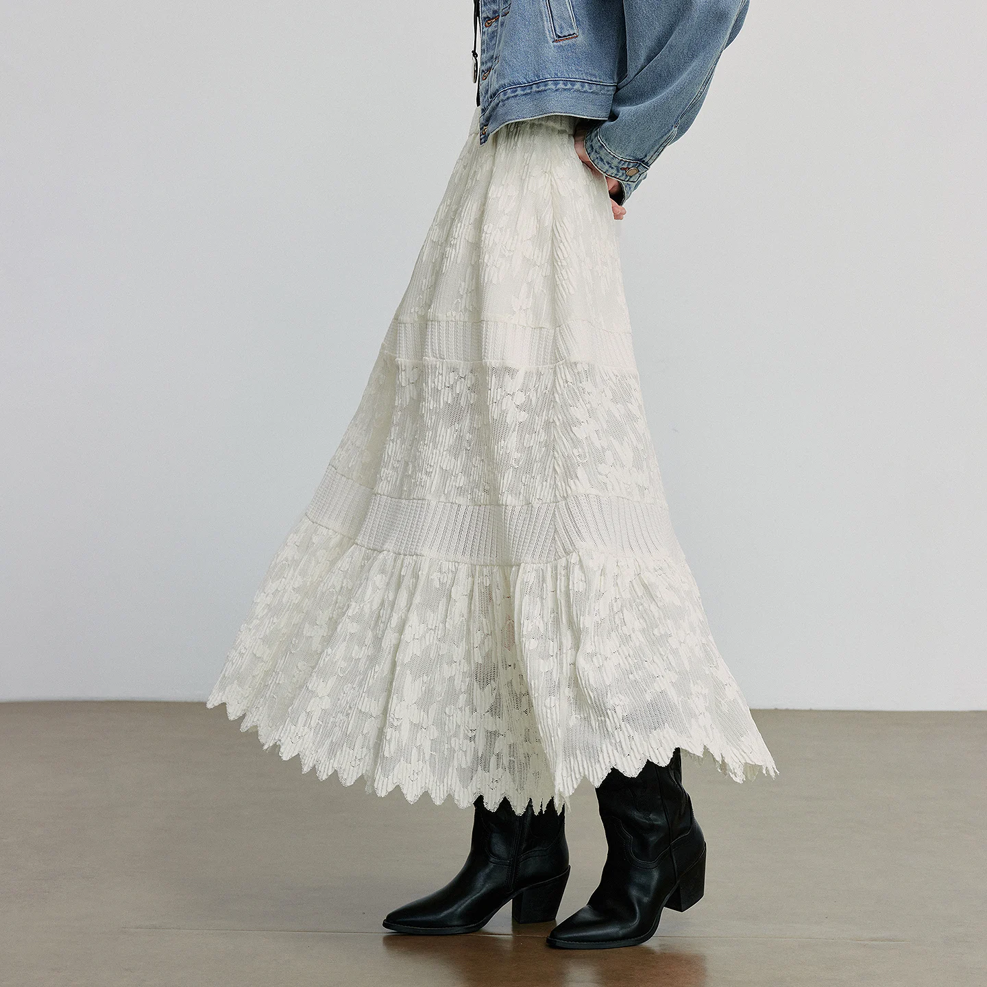 TOYOUTH Women Lace Skirt 2025 Autumn New Style Boho Style Layer Splicing Elastic Waist A Line Ankle Length Skirt