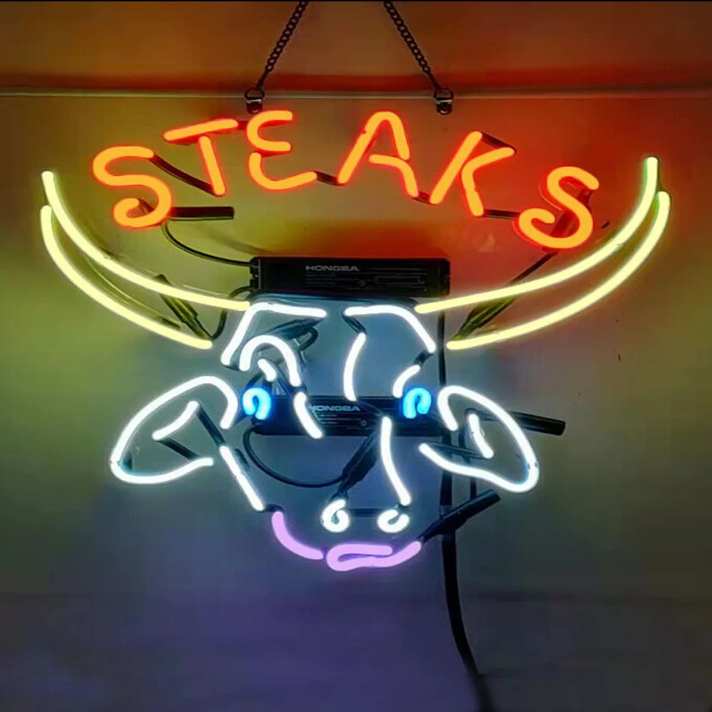 

Steaks BBQ Cow Head Neon Sign Light Custom Handmade Real Glass Tube Barbecue Store Advertise Room Decor Display Lamp 19"X15"