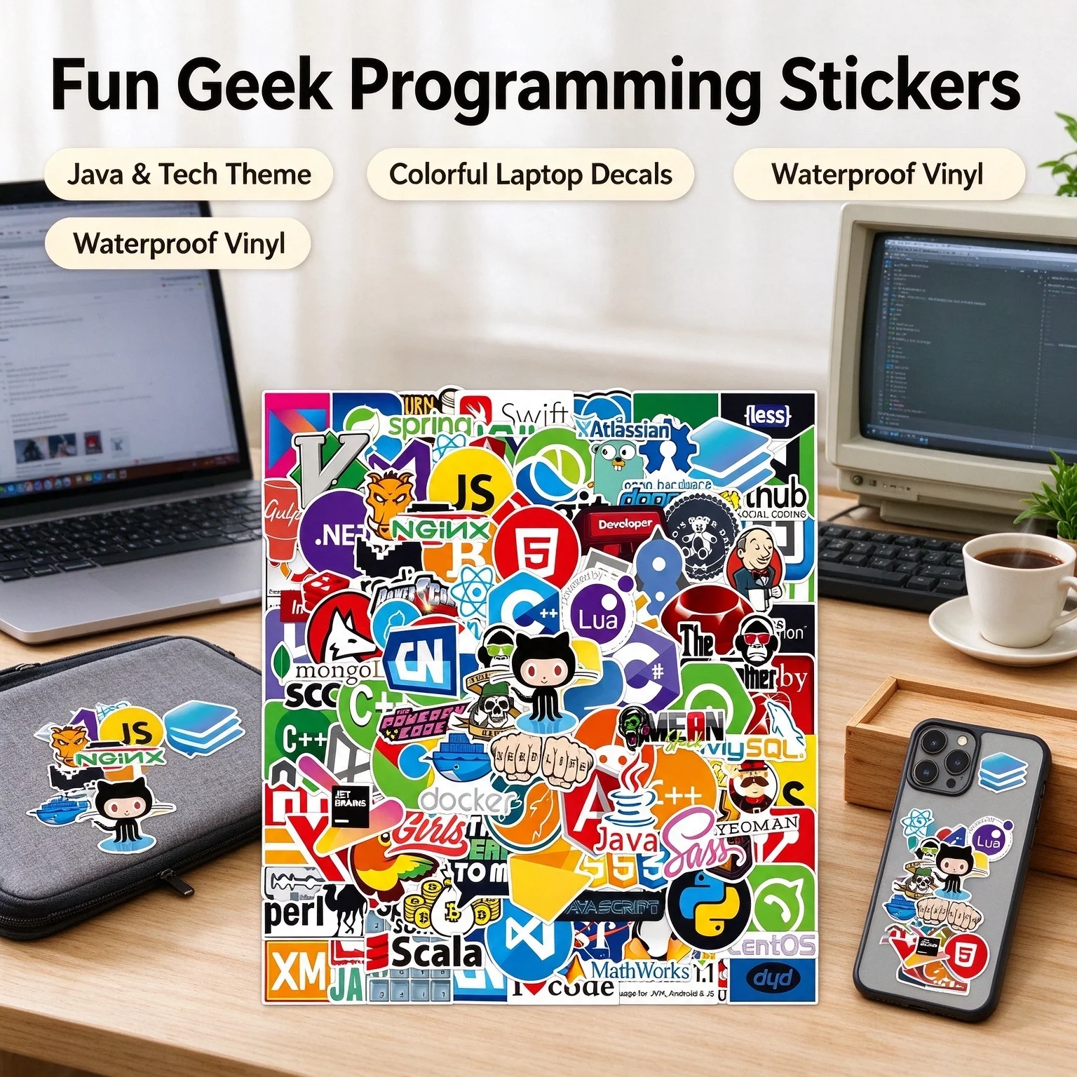 108PCS Waterproof Java Programming Stickers for Laptops Skateboards Motorcycle Suitcase - Funny Geeks Joke Classic Toy Theme