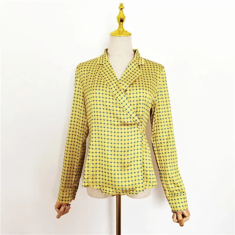 

Korea New Fashion 2023 Spring Summer Tops Women Turn-down Collar Long Sleeve Plaid Yellow Blouse Button Asymmetrical T-shirt