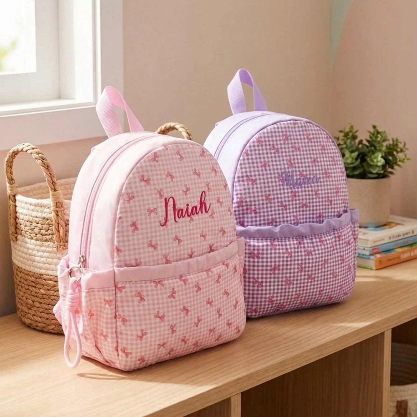맞춤 이름-문자 자수 귀여운 리본 프린트 백팩 |   다용도 여행 및 학교 가방 어린이 및 청소년용