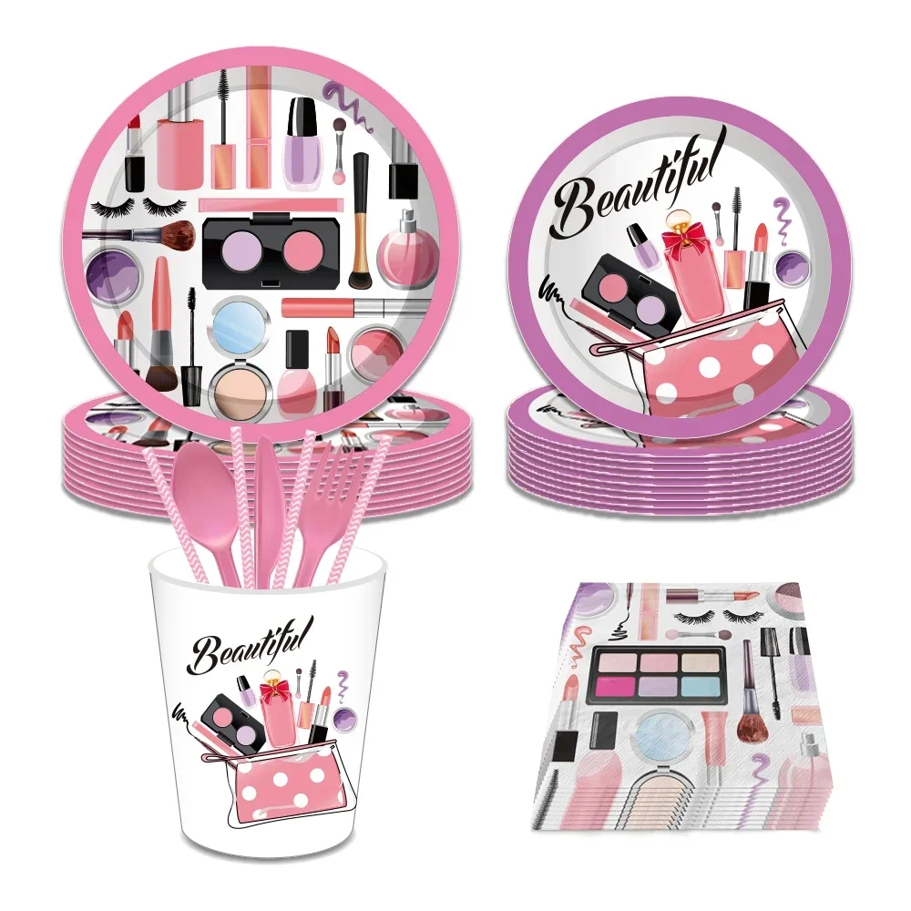 Sweet Make Up Cosmetics Birthday Party Paper Disposable Tableware Sets Plates Napkin Cups Makeup Baby Shower Party Decorations