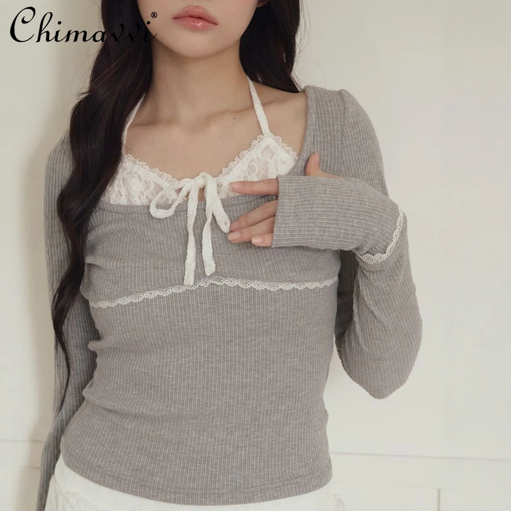 Japanese Sweet Lace Patchwork Lace-Up Fake Two-Piece Stretch Long Sleeve T-Shirt Autumn New Fashion Slim Fit Elegant Women's Top