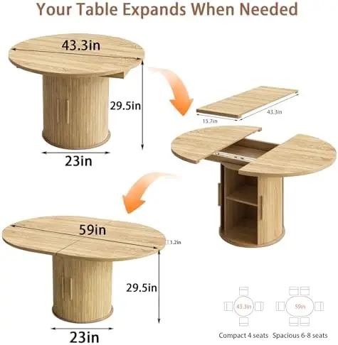Extendable Round Conference Table for 4-8, 43-59 Inch Oval Meeting Room Table with Storage for Office, Wood Fluted