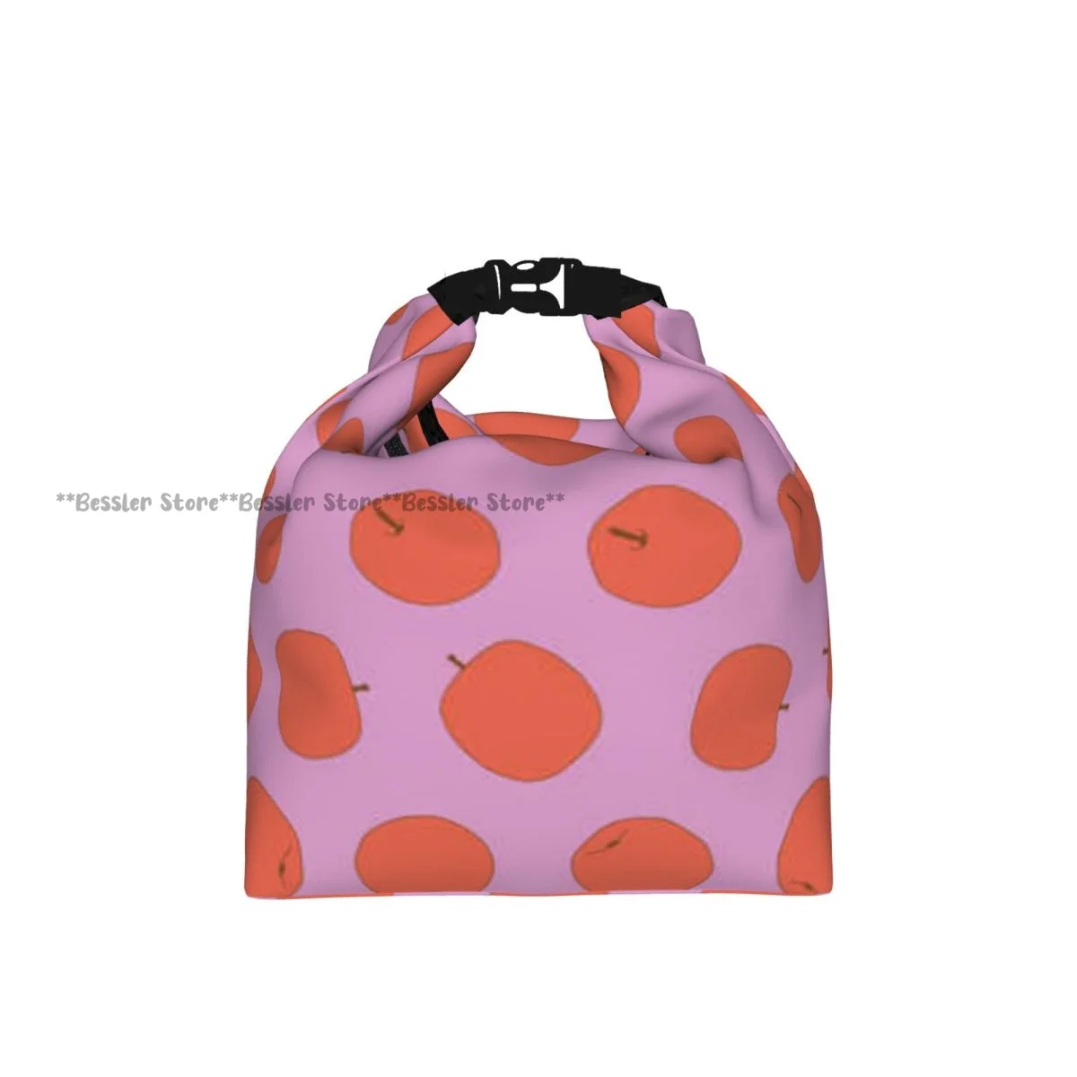 Roll Top Insulated Lunch Bag Pink Apple Dots Thermal Food Storage Bag Portable Bento Handbag for Daily Use