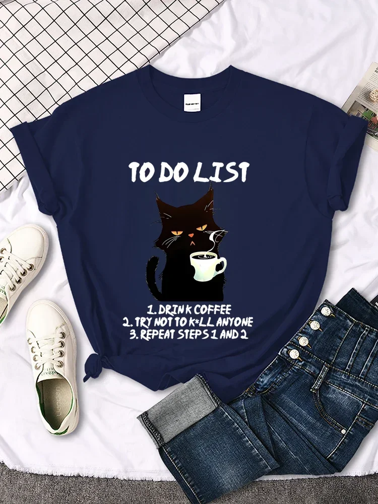 Black Cat To Do List Graphic T Shirts Funny Cat Coffee Tshirts Tops Oversize T-shirt Fashion Harajuku T-shirts Men Brand T-shirt