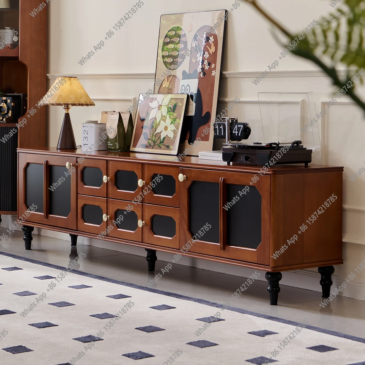 

French antique retro solid wood TV cabinet living room locker floor storage cabinet living room furniture