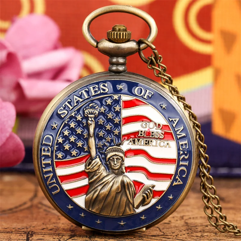 Statue of Liberty Vintage Bronze Quartz Pocket Watch