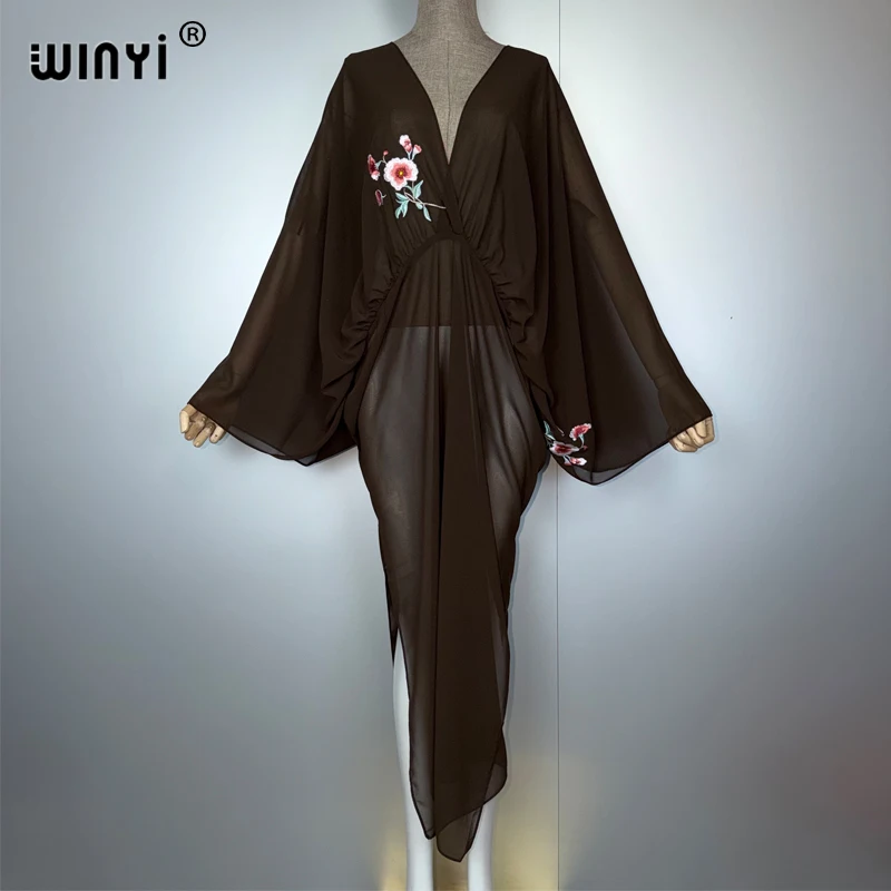 ชุดเดรสปักลาย WINYI แนวเซ็กซี่ คอลึก แบบมุสลิม อบายา ผ้าคลุมชายหาด ชุดชายหาดแฟชั่น คาฟตัน อบายา ดูไบ หรูหรา