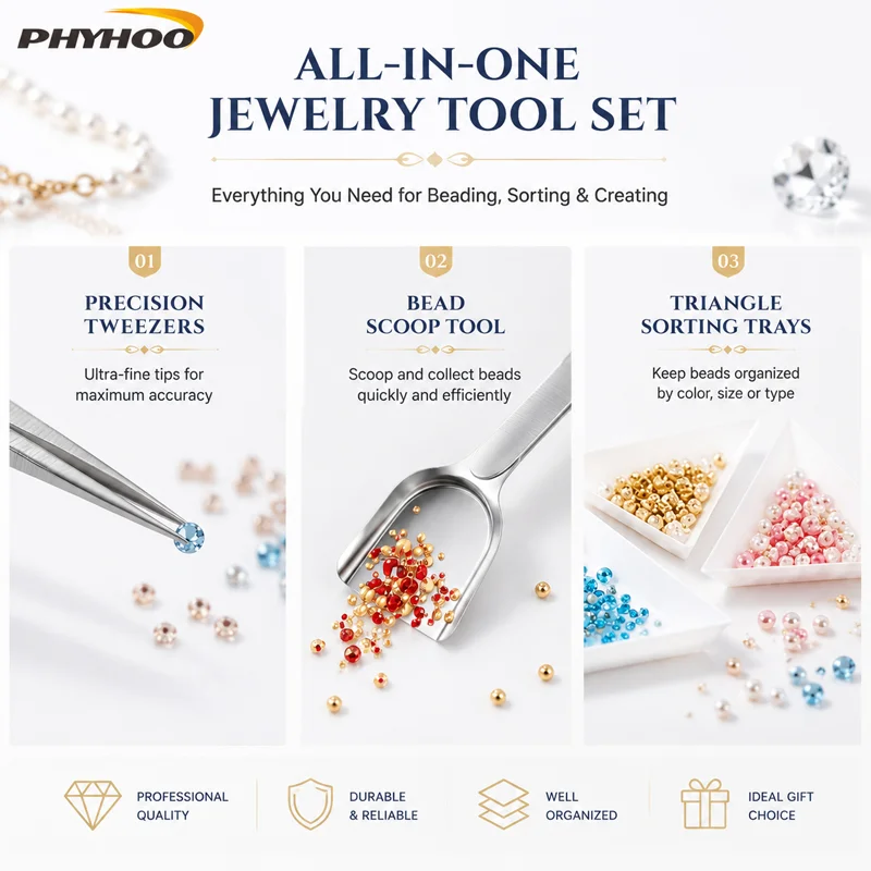 PHYHOO Precision Jewelry Making Kit Stainless Steel Fine Tip Tweezers Bead Scoop Shovel with 6 Triangle Sorting Trays DIY Crafts