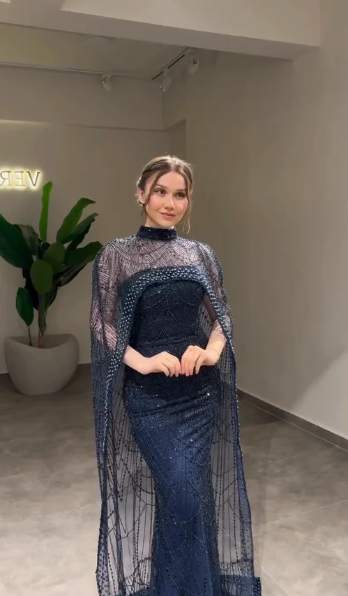 

Dubai Elegant Evening Dresses Luxurious Special Occasion Prom Gowns Halter Navy Blue Customized платье женское Bead