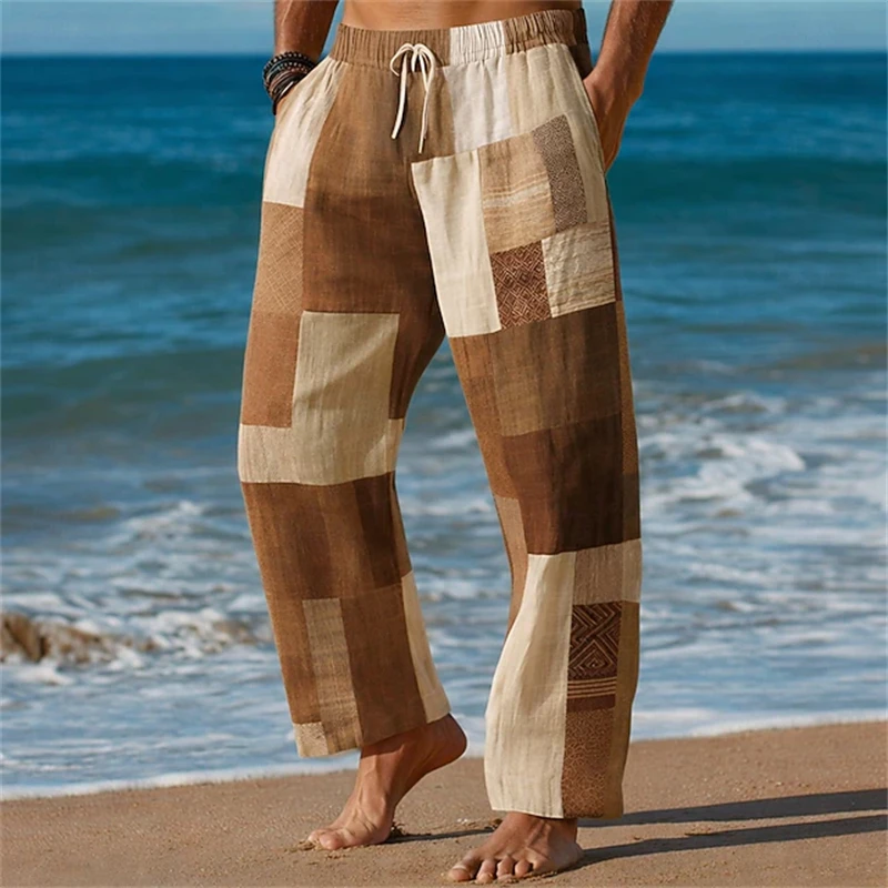 Men's Brown Checkered Patchwork Print Drawstring Pants Casual Loose-Fit Straight-Leg Pants Spring Fall Beach Wide-Leg Pants