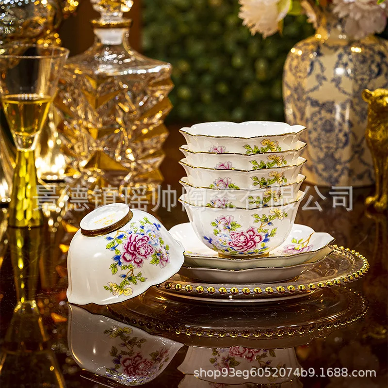HYS high white porcelain new Chinese lace bowl high-end household ceramic eating bowl rice bowl high foot