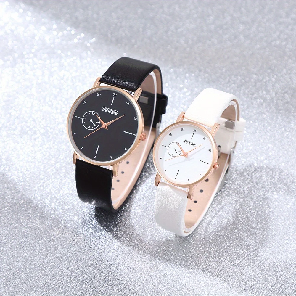 Set di orologi eleganti per coppia da 2 pezzi/set, quadrante bianco e nero, cinturino in pelle PU, cassa dorata rosa, orologio semplice |   Orologi da coppia |   Regali