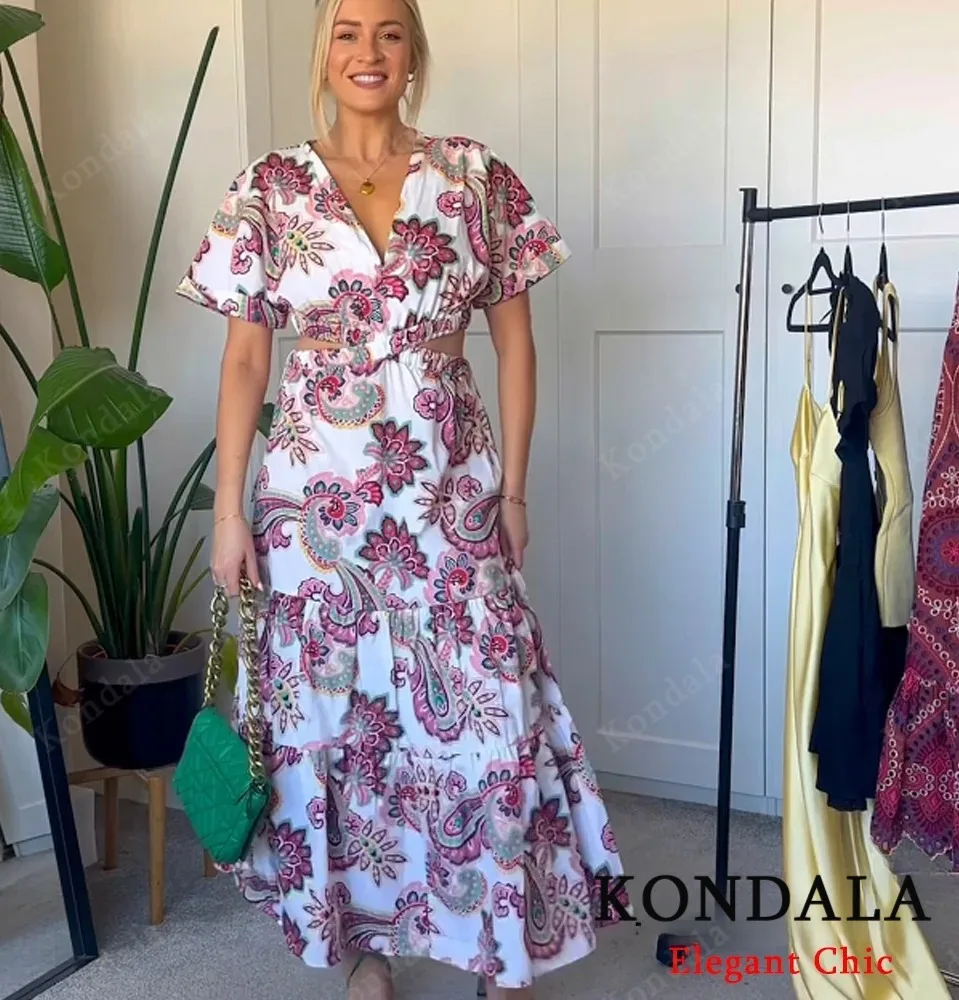 KONDALA, vestido Midi estampado de vacaciones para mujer, vestido largo con huecos cruzados en la cintura, nueva moda de verano 2021, vestido informal bohemio de calle alta