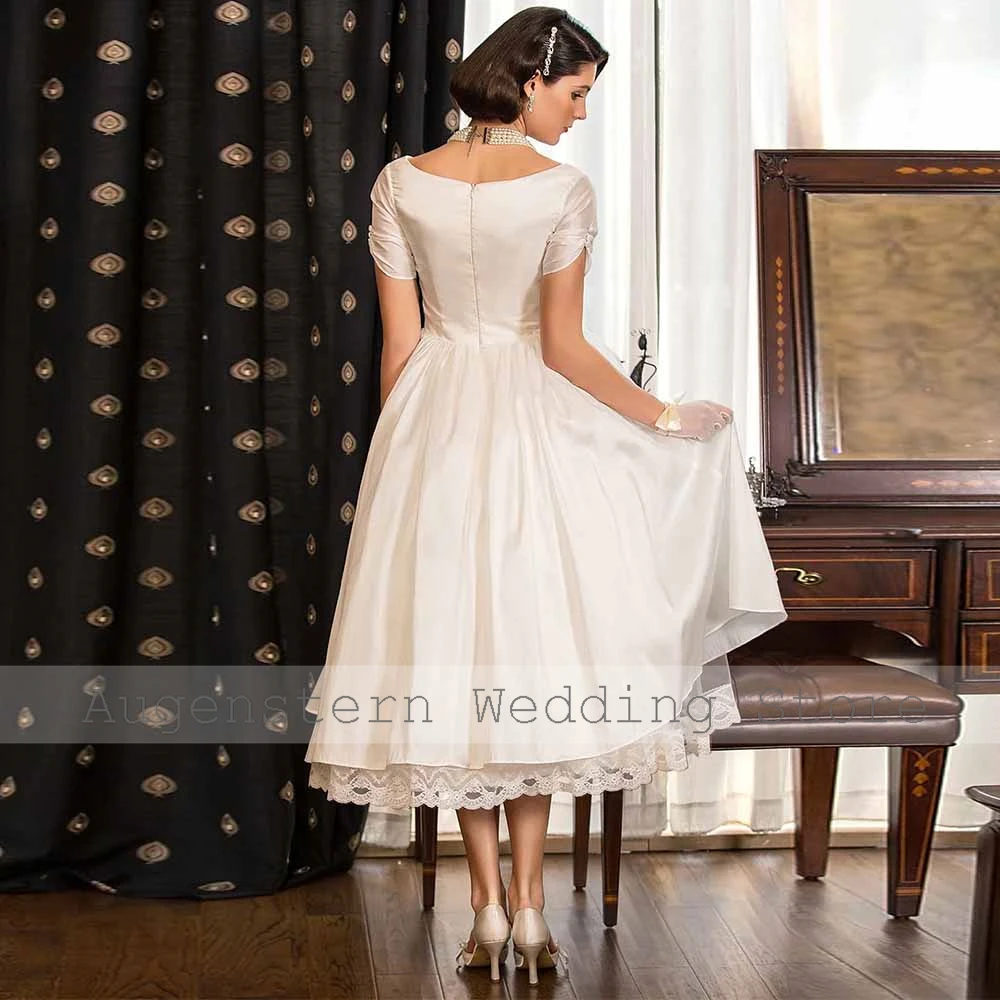 Customized Wedding Party Dresses Satin A-line Bridal Gown Ivory V-neck Pleat Ruched Lace Fairy Garden Wedding Dress Midi