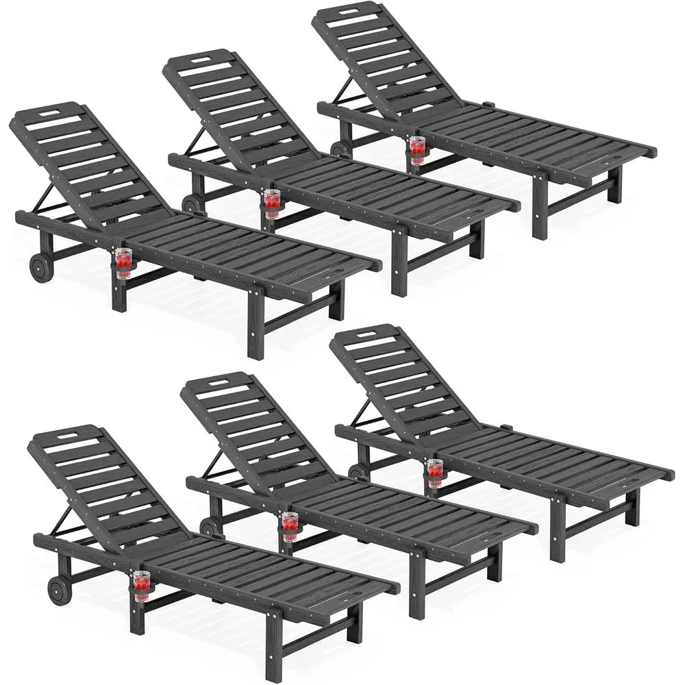 

6-Piece HDPE Pool Lounge Set with Adjustable Backrest, Rolling Wheels, and Cup Holder, Grey