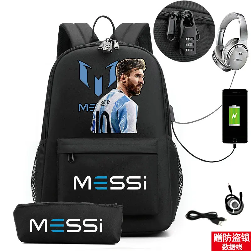 Mochila de Messi para hombre y mujer, morral escolar de dibujos animados para ordenador portátil, 2 piezas