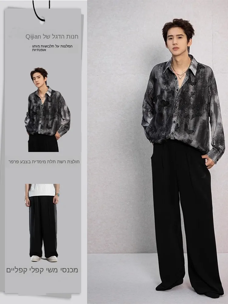 Dark Style  Knot Dyeing Double Layer Men's Shirt Summer Loose Fit Long Sleeve Casual Breathable Thin Fabric Pants