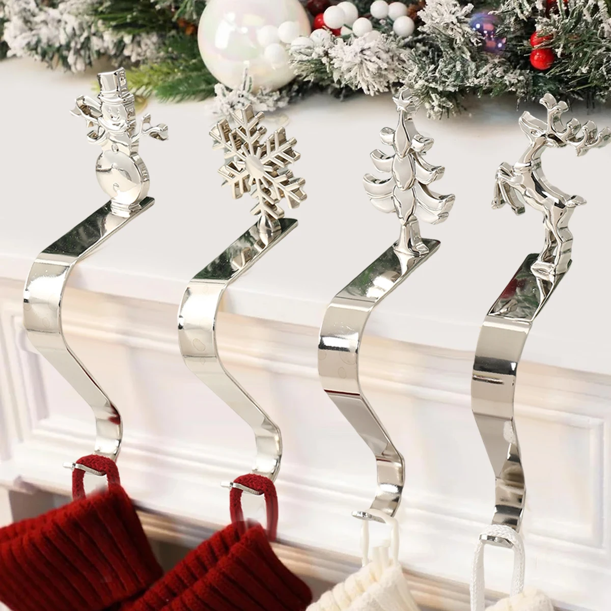 

4pcs Christmas Decorations Fireplace Metal Hooks Christmas Stocking Holders Hooks Silvery Mantel Metal Hanging Clip Prop Pendant
