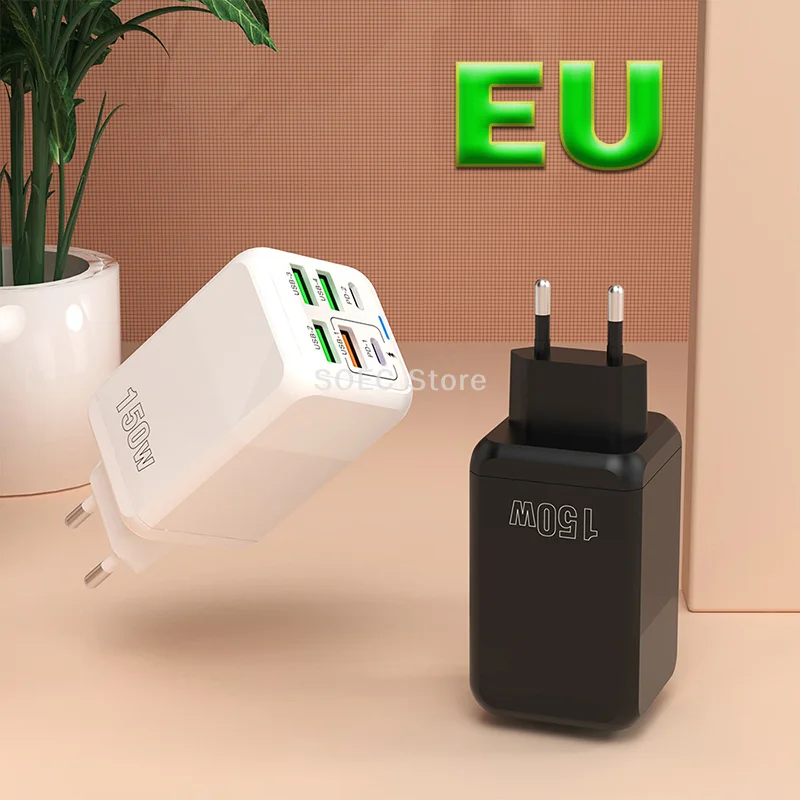 150 واط 6 منافذ 4USB + 2TYPE-C شاحن آيفون أندرويد لشاومي هواوي PD شحن سريع للغاية محول الطاقة رحلة عمل