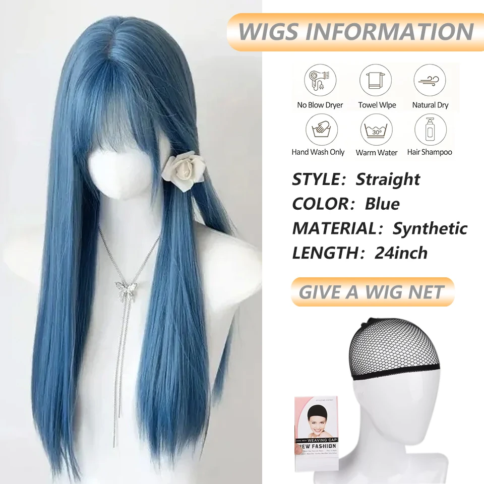 Blue Wig with Bangs 24inch Long Straight Hair Wigs For Women Lolita Natural Looking Headband Heat Resistant Fibers Synthetic Wig
