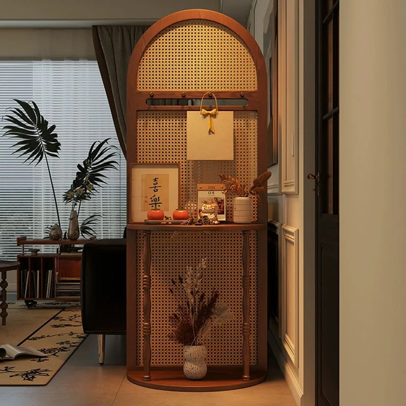 

Medieval solid wood rattan screen partition household living room entrance porch shielding shelf multi-functional screen seat sc
