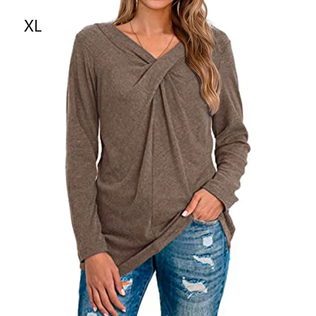 여성 티셔츠 브이넥 탑 긴 소매 솔리드 컬러 블라우스 티셔츠, 다크 그린, XL