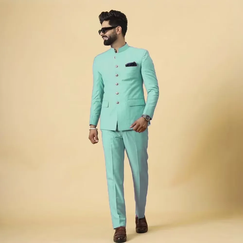 

Mint Green Purple Men's Suits 2 Piece Elegant Single Breasted Stand Lapel Blazer Jacket Pants Outfits Wedding Groom Prom Costume