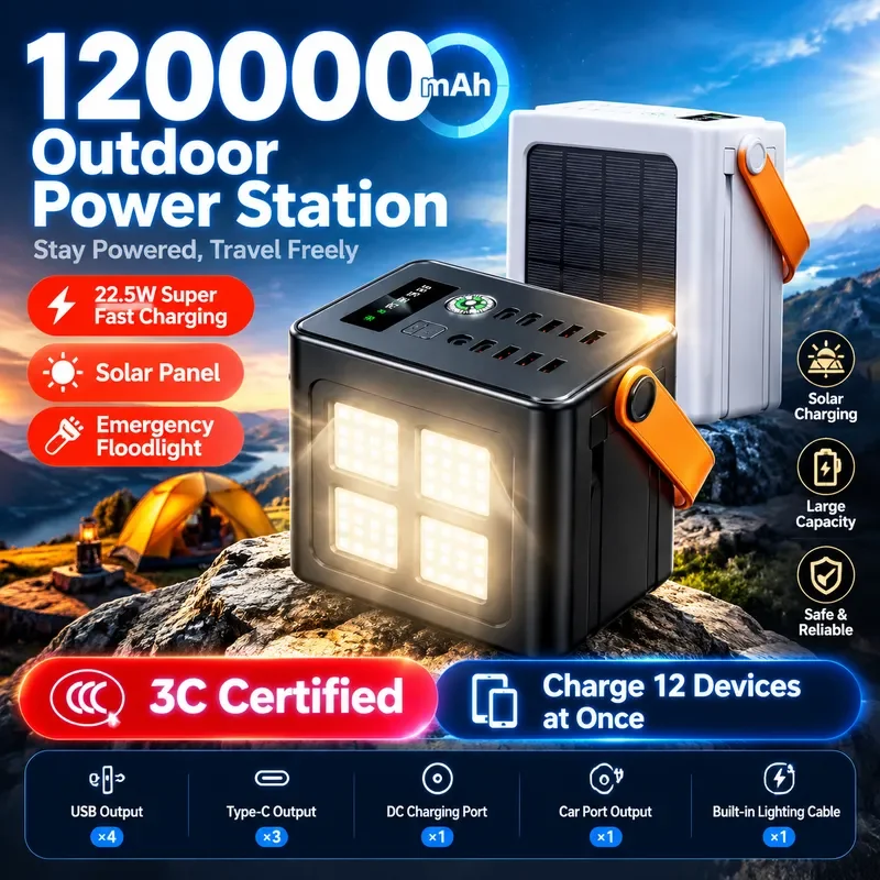 200000mAh Solar Emergency Power Bank with Built-in Cables and LED Torch Portable External Battery for Outdoor Travel and