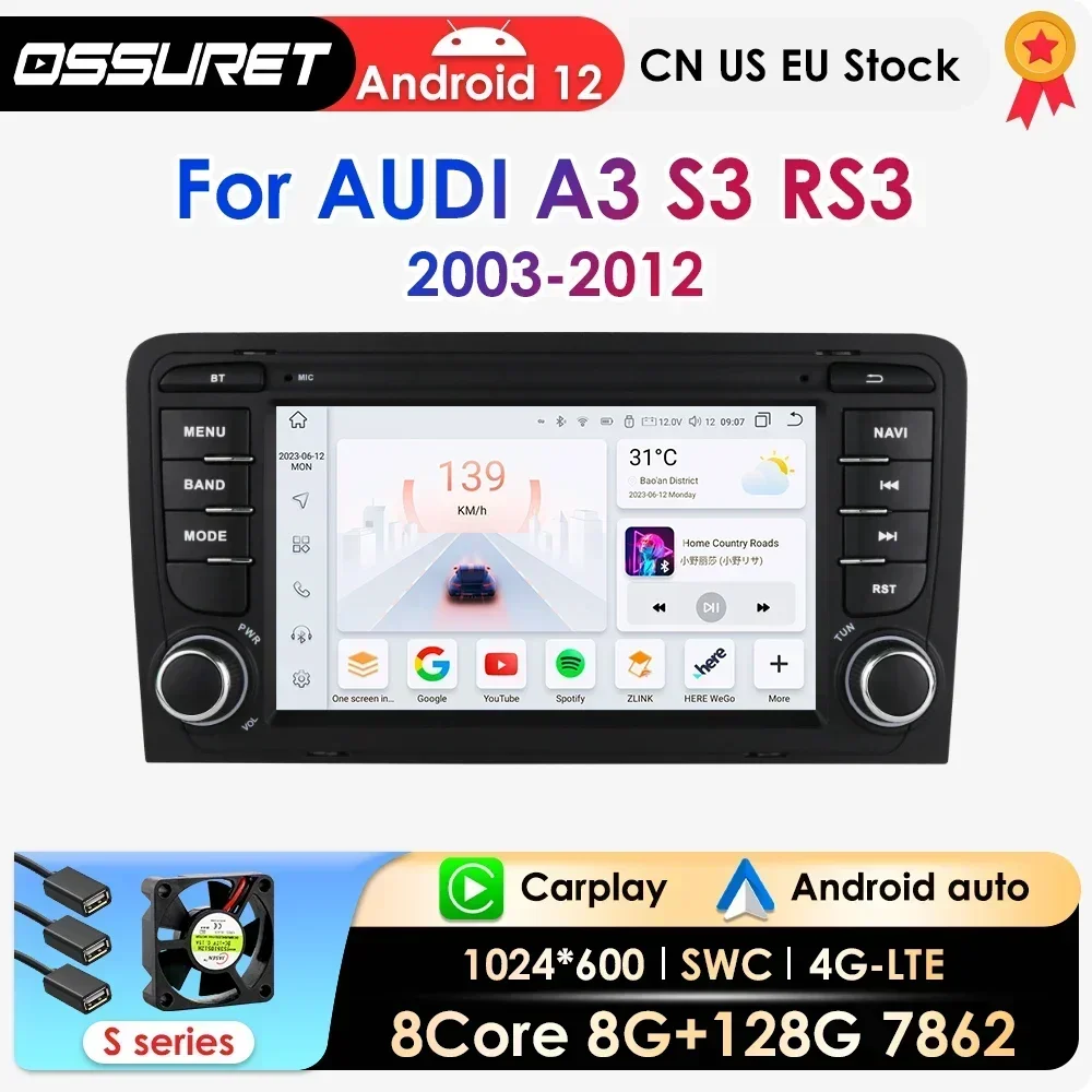 2Din Android 12 Stereo Auto Radio multimedia-Player Für Audi A3 S3 RS3 2003-2012 Auto Auto GPS Navi RDS Carplay DSP USB 7862