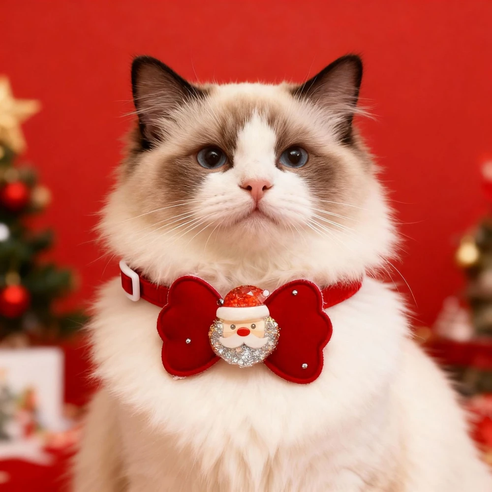Рождественский-мультяшный-ошейник-для-кошек-и-собак-красный-с-милым-декором-бесшумным-бантом-безопасной-застежкой-фиксатором-регулируемый-праздничный-ошейник