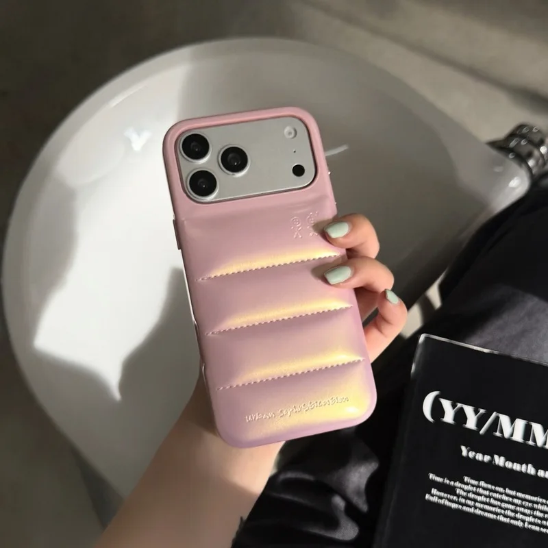 Pink Shiny Gradient Down Jacket Phone Case for iPhone 18 Pro Max 17 16 15 14 13 Anti-Drop Puffer Protective Cover Shell Funda