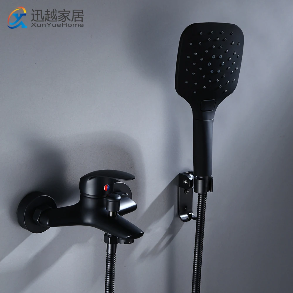 Black Brass Bath Faucet Mixer Tap Hot Cold Water With High-pressure Shower Head Set Bathroom Wall Mounted Home Improvement