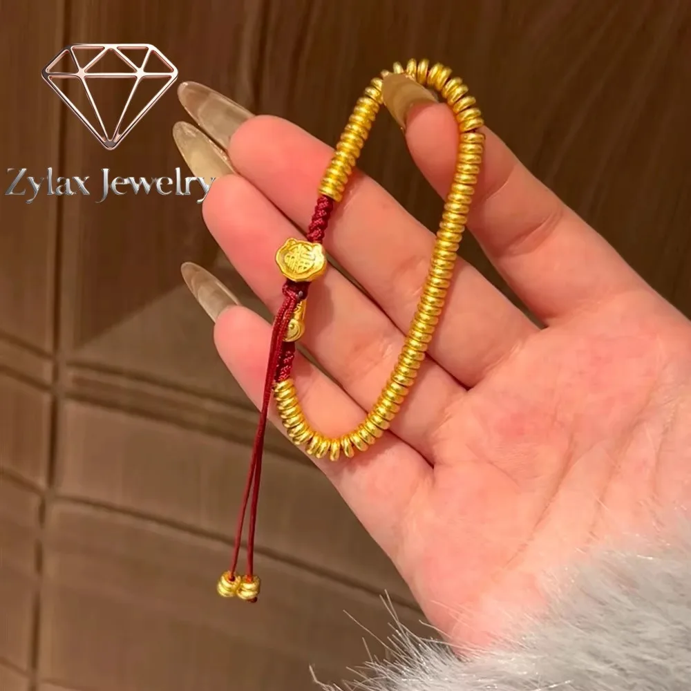 

Zylax Jewelry Luxury 24K 9999 Pure Gold real gold Women's Hand-Woven Ancient Golden Ruyi Woven Red Rope Tassel Bracelet