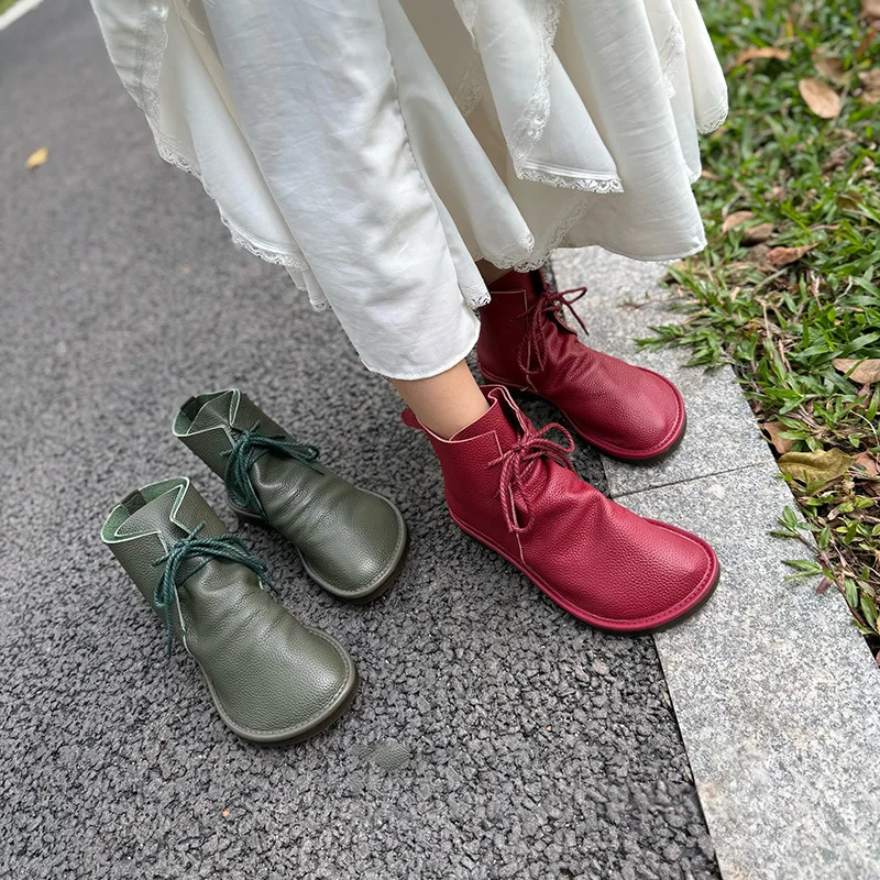 2026 Autumn Woman Genuine Leather Boots Luxury Handmade Quality Comfortable Round Toe Flat Casual Ankle Social Shoes Women