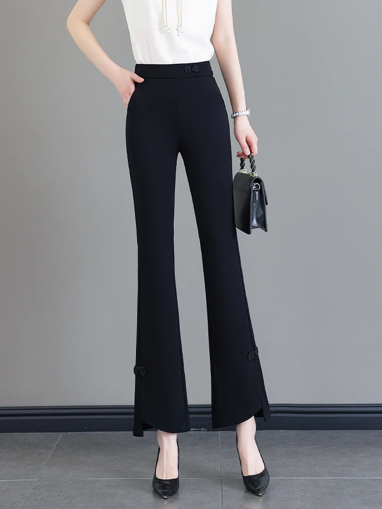 

Женские летние тонкие брюки Slim Fit с высокой талией, новые эластичные повседневные расклешенные брюки в корейском стиле, укороченные (7/8), для офиса и повседневной носки