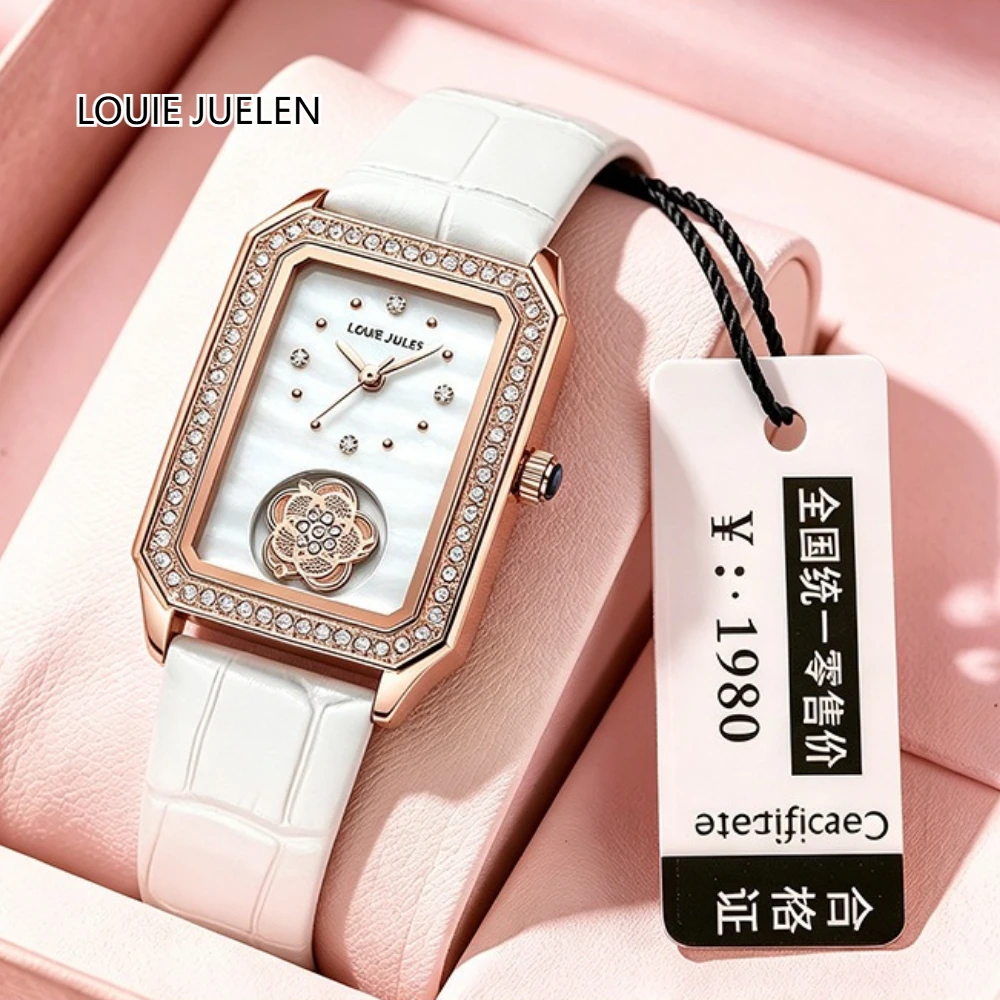 LOUIE JUELEN 2026 Women Square Quartz Watch Rhinestone Rose Gold Case White Leather Strap Shell Dial Elegant Ladies Wristwatch
