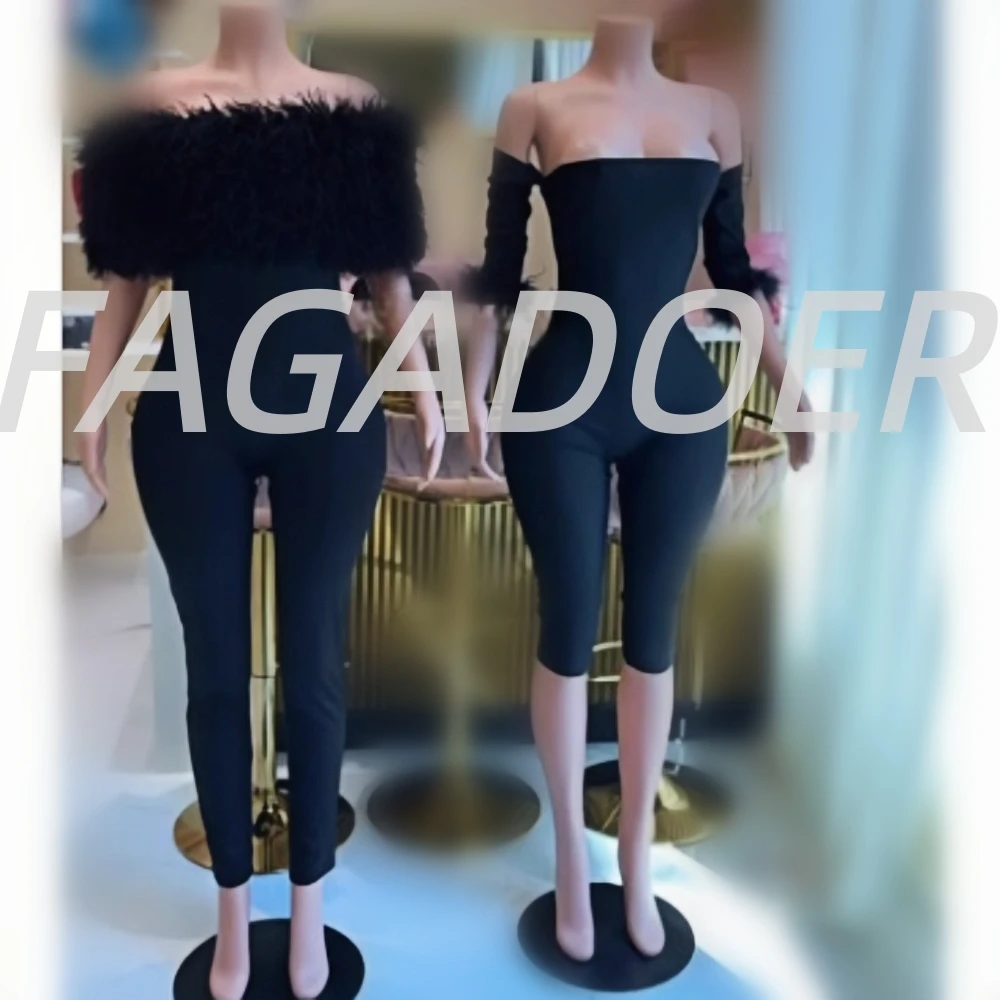 FAGADOER Sexy Fur Patchwork Bodycon Jumpsuits Women Solid Color Off Showlder Backless Rompers Female Streetwear Overalls 2025