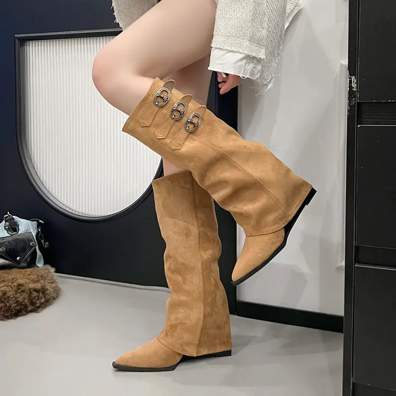 Long boots 2026 pointed sloping heel pile leg boots not exceeding knee high knight boots