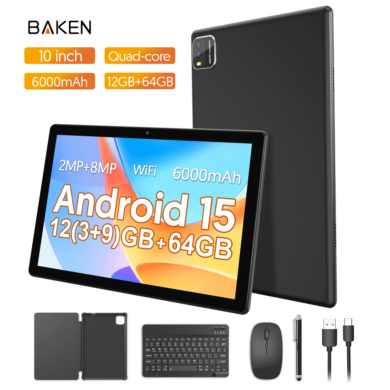 تابلت أندرويد 15 مقاس 10 بوصات، معالج رباعي النواة، 12 جيجابايت (3 جيجا + توسيع ذاكرة 9 جيجا) رام + 64 جيجابايت روم، كاميرات مزدوجة، واي فاي،