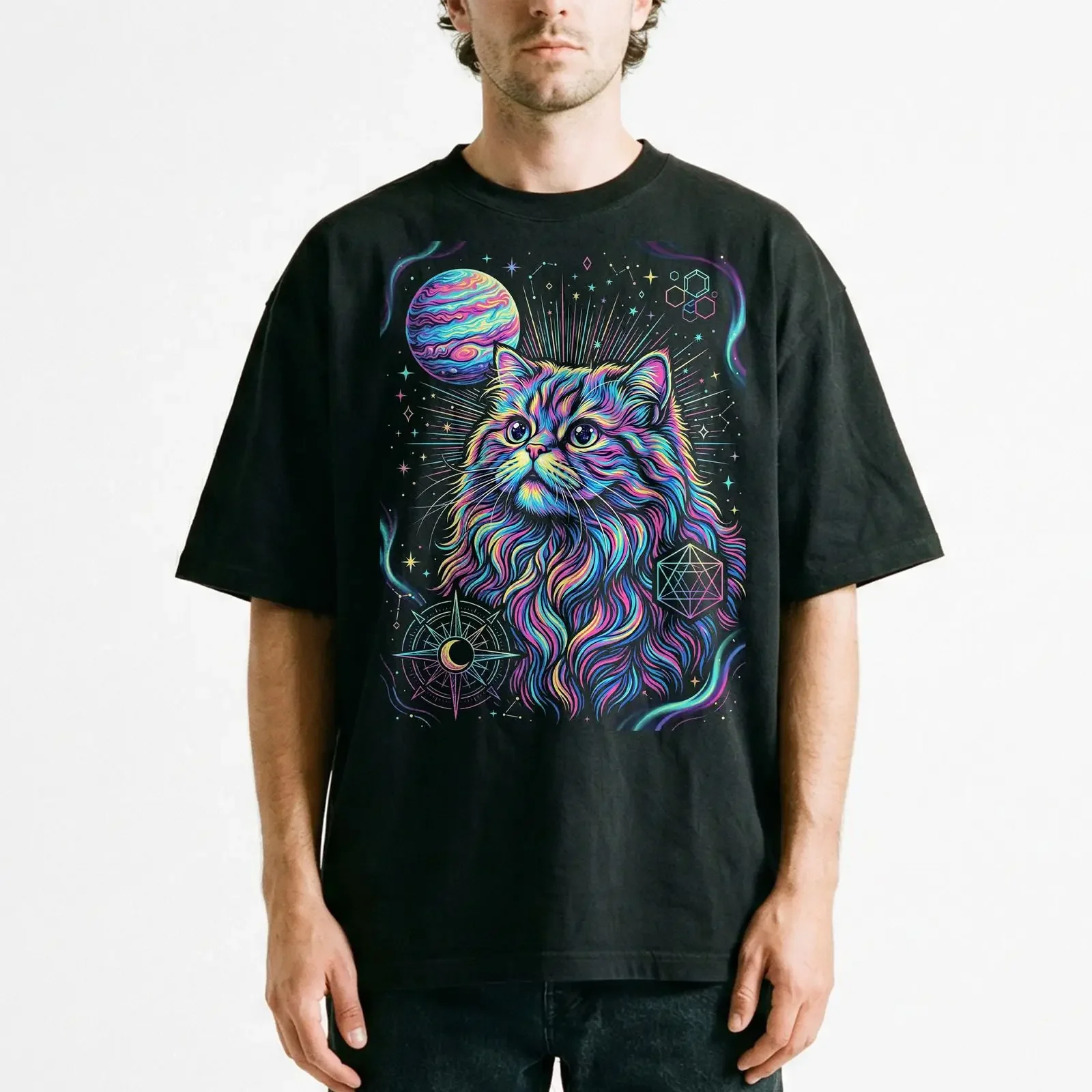 Cosmic Persian Cat Jupiter Planet Stars Psychedelic T Shirt Trippy Space vintage Washed fashion Slightly homme Casual Unisex