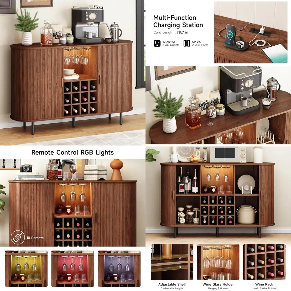 

Modern 55" Wine Bar Cabinet with LED Lighting, Liquor Whiskey Coffee Station, Farmhouse Buffet with Wine Rack and Glass Holder
