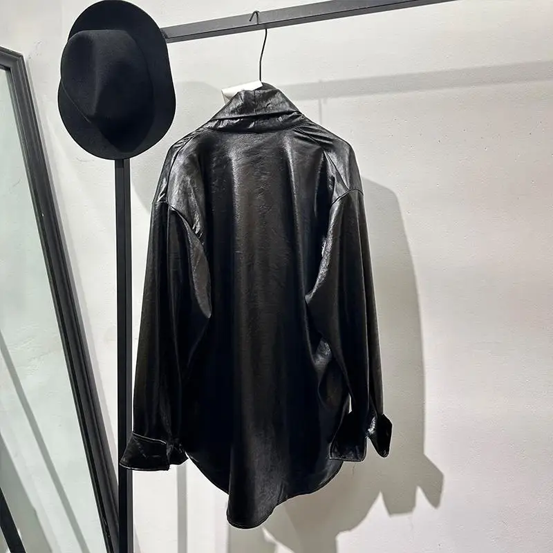 Dark Abstinence Series Pu Shuai Loose Deep Collar Leather Shirt Popular Design Sense Avant-Garde Retro Temperament Top