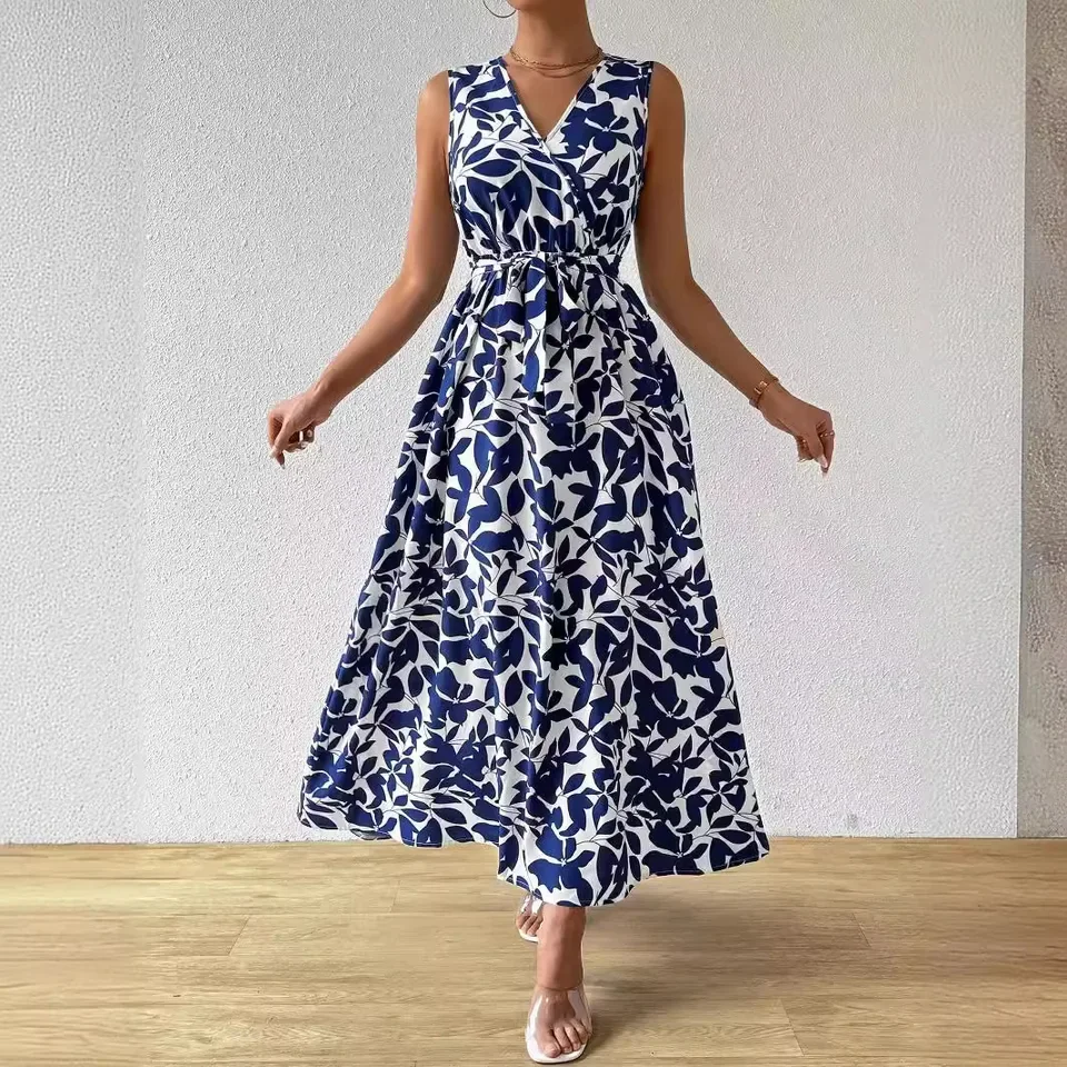 

Women's Flower Midi Dress New 2025 Fashion Summer Casual V-neck Sleeveless Personality Streetwear Beach Holiday Loose Robe Femme